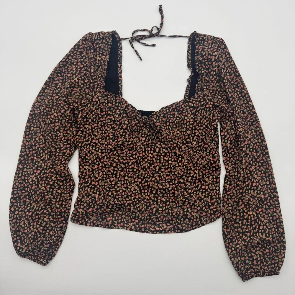 Abercrombie & Fitch Floral Long Sleeve‎ Smocked Back Tie Front Crop Top Small